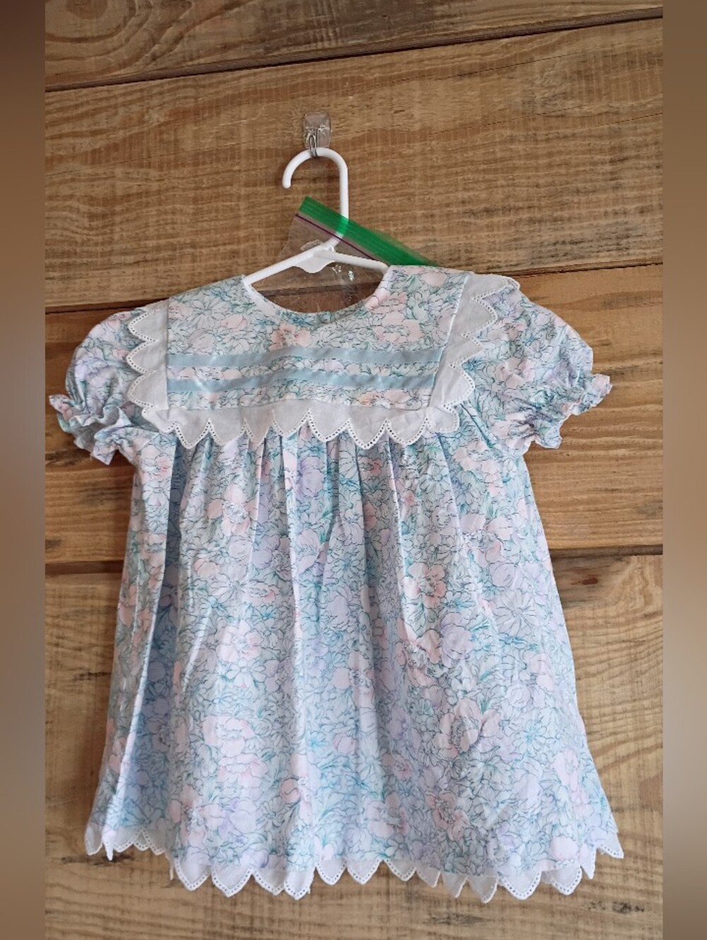 Girls Vintage Smocked Floral Lace-Trim Peasant Dress in Pastel Blue & Pink